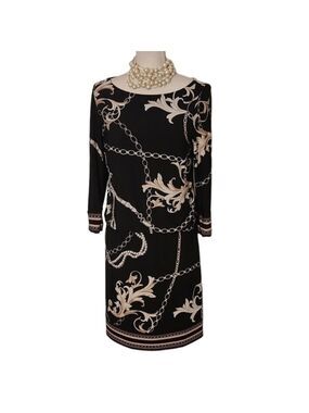 White House Black Market Dress Floral Link Blouson chain link Sz: S black/gold